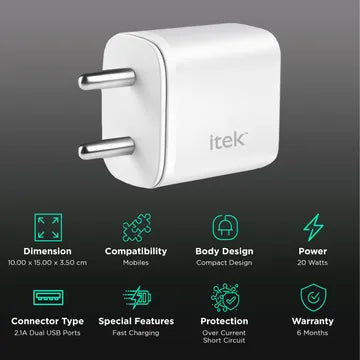 Itek 20W Type A & Type C 2-Port Fast Charger (Short-Circuit Protection, White)