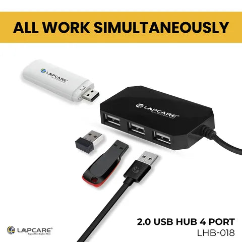 LAPCARE 4-in-1 USB 2.0 Type A to USB 2.0 Type A USB Hub (Over-Current Protection, Black)