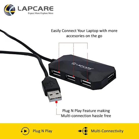 LAPCARE 4-in-1 USB 2.0 Type A to USB 2.0 Type A USB Hub (Over-Current Protection, Black)