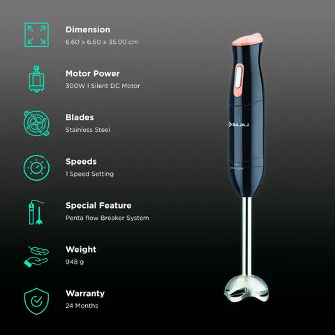 BAJAJ 300 Watt Hand Blender (Silent DC Motor, Black)