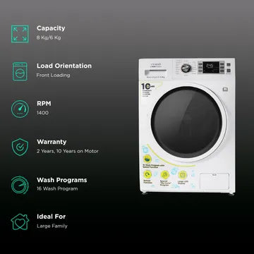 Croma 8/6 kg Fully Automatic Front Load Washer Dryer Combo (CRLWWD0805W7991, Built-In Heater, White)