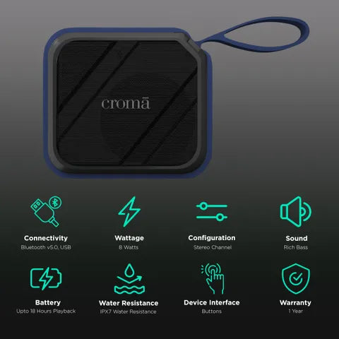 Croma 8W Portable Bluetooth Speaker (Water Resistant, Rich Bass, Stereo Channel, Blue)