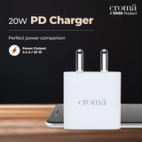 Croma 20W Type C Fast Charger (Type c to type c cable included, Apple compatible, white)