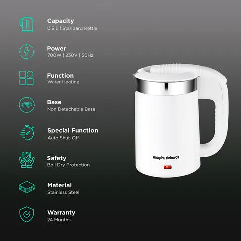 morphy richards Luxe Beauty 700 Watt 0.5 Litre Electric Kettle with Auto Shut Off (White)