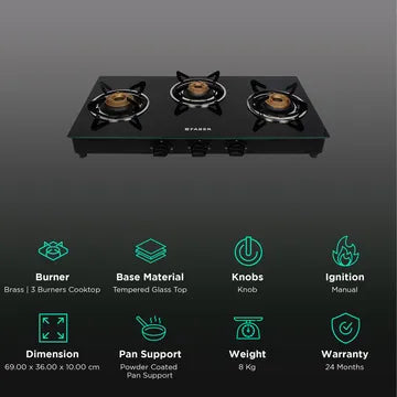 Faber Marvel 3BB BK Tempered Glass Top 3 Burner Manual Gas Stove (Scratch Resistant, Black)