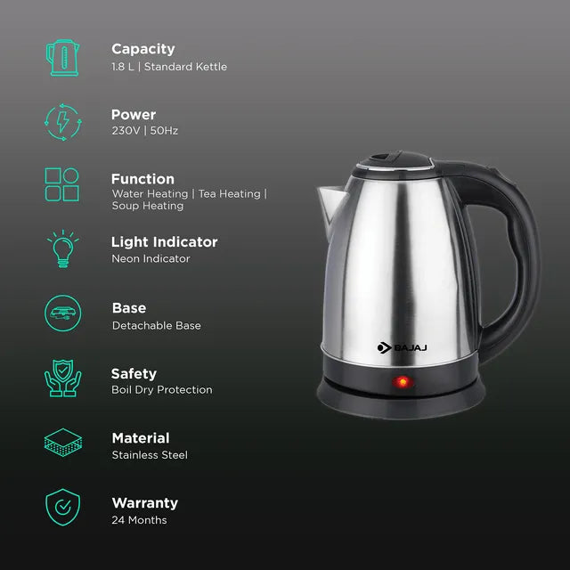 BAJAJ KTX 1500 Watt 1.8 Litre Electric Kettle with Concealed Heating Element (Black)