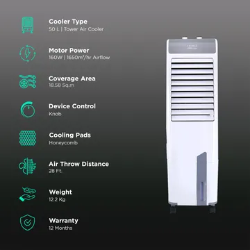 Croma 50 Litres Tower Air Cooler with Inverter Compatible (Ice Chamber, White & Grey)