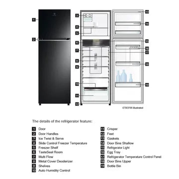 Electrolux 341 Litres 2 Star Frost Free Double Door Refrigerator (Black Steel)