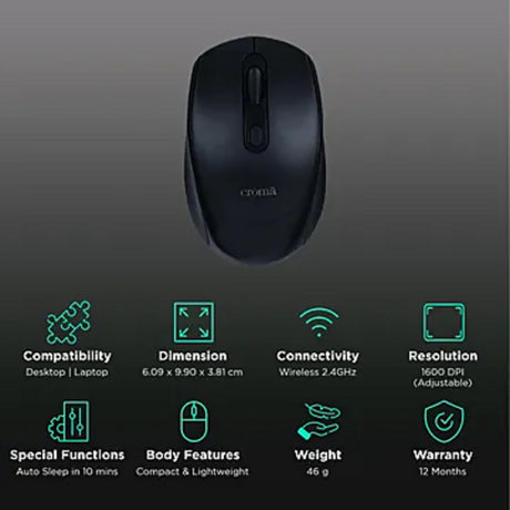 Croma Wireless Optical Mouse (Variable DPI Up to 1600, Compact & Lightweight Design, Black)