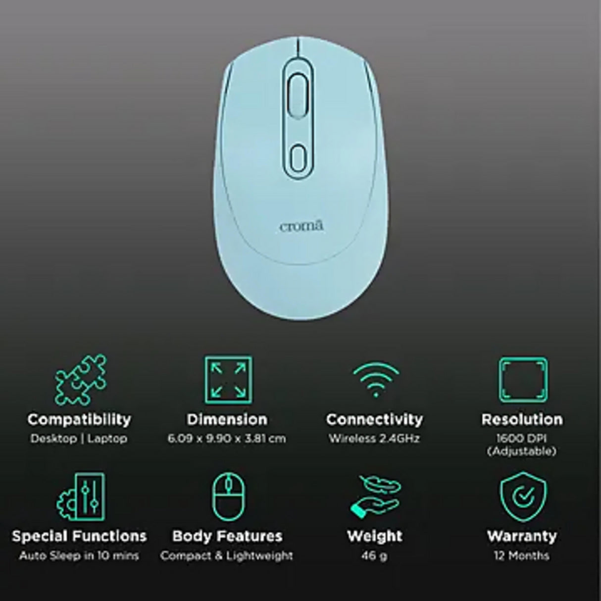 Croma Wireless Optical Mouse (1600 DPI, Compact & Lightweight Design, Blue)