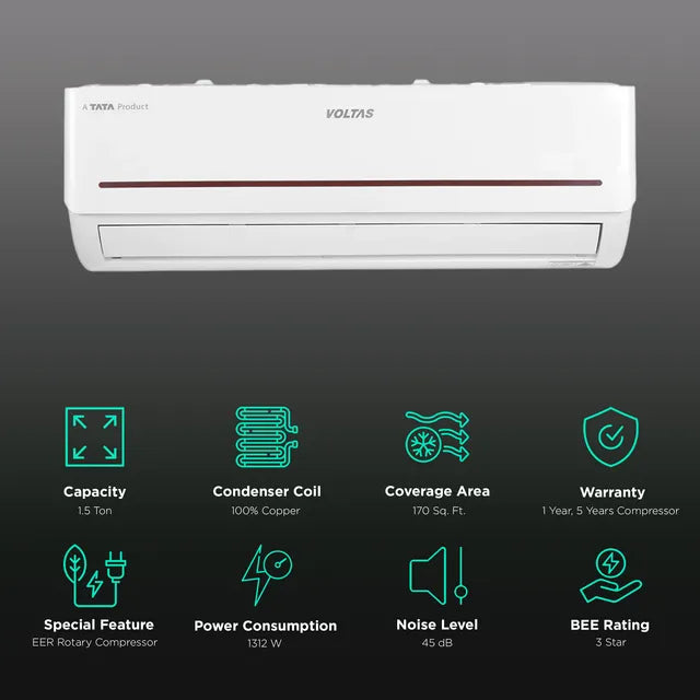 VOLTAS Adjustable Inverter AC, 1.5 Ton, 3 star- 183V Vectra Prism