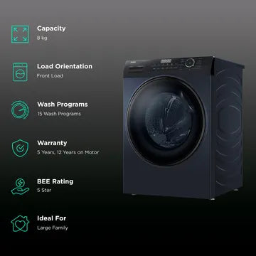 Haier 8 kg 5 Star Inverter Fully Automatic Front Load Washing Machine (HW80-IM12929CBK, Anti Bacterial Technology, Black)