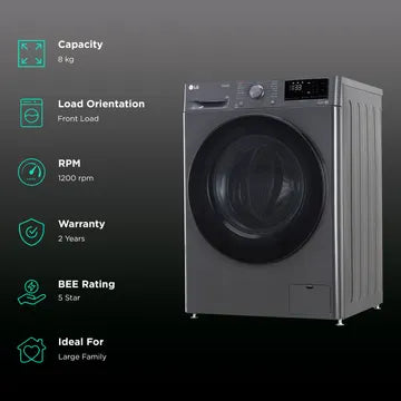 LG 8 Kg 5 Star Inverter Fully Automatic Front Load Washing Machine (FHP1208A5M.AMBQEIL, In-built Heater, Middle Black)