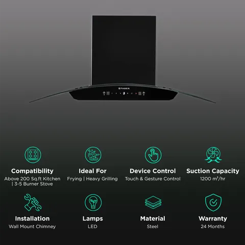 FABER SUNNY IN HC SC FL LG 90cm 1200m3/hr Ducted Auto Clean Wall Mounted Chimney with Touch & Gesture Control (Black)