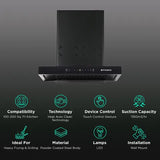 FABER Hood Cygnus IN 3D HC SC FL BK 60cm 1350m3/hr Ducted Auto Clean Wall Mounted Chimney with Odor Sensor (Black)