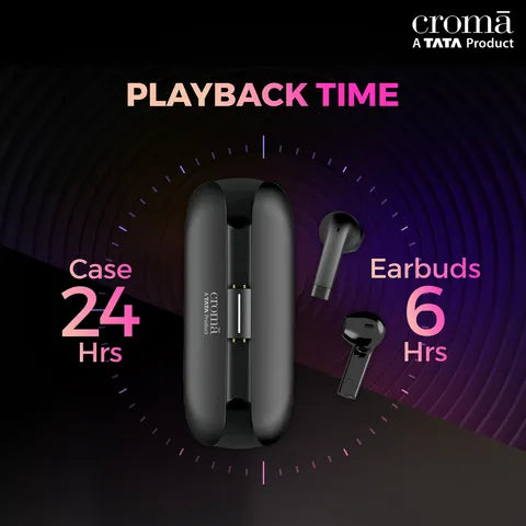 Croma Sliding TWS Earbuds with Passive Noise Cancellation (IPX4 Waterproof, 30 Hours Playback Time, Black)