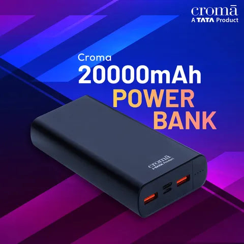 Croma 20000 mAh 22.5W Fast Charging Power Bank (2 Type A, 1 PD Type C & 1 Micro USB Port, Aluminium Casing, Apple Compatible, Black)