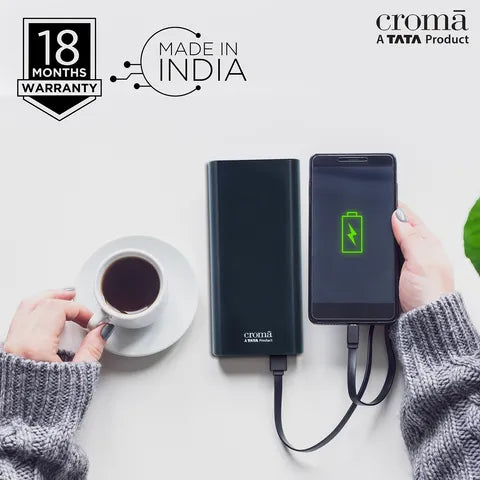 Croma 20000 mAh 22.5W Fast Charging Power Bank (2 Type A, 1 PD Type C & 1 Micro USB Port, Aluminium Casing, Apple Compatible, Black)