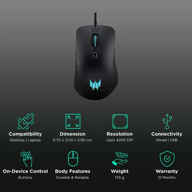 acer Predator Cestus 310 Wired Optical Mouse with 4 Preset Color Settings (4200 DPI, 10 Million Clicks, Black)