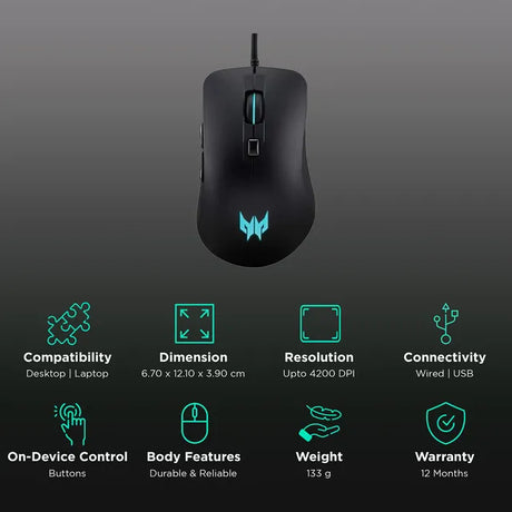 acer Predator Cestus 310 Wired Optical Mouse with 4 Preset Color Settings (4200 DPI, 10 Million Clicks, Black)