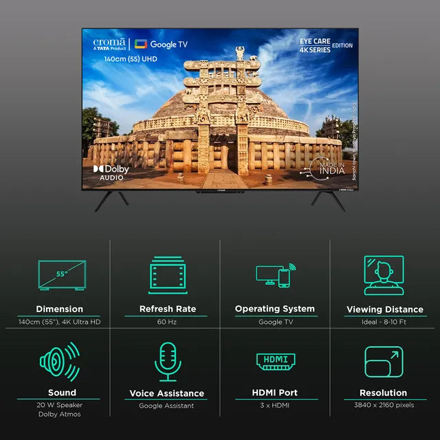 Croma 140 cm (55 inch) 4K Ultra HD LED Google TV with Bezel Less Display (55UGC024602, 2023 Model)