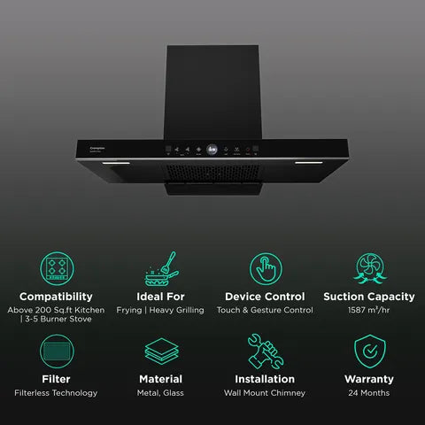 Crompton QuietPro Plus 90cm 1587m3/hr Ducted Auto Clean Wall Mounted Chimney with Gesture Control (Midnight Black)