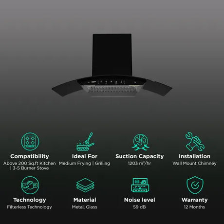 Crompton IntelliMotion 90cm 1203m3/hr Ducted Wall Mounted Chimney with Filterless Technology (Black)