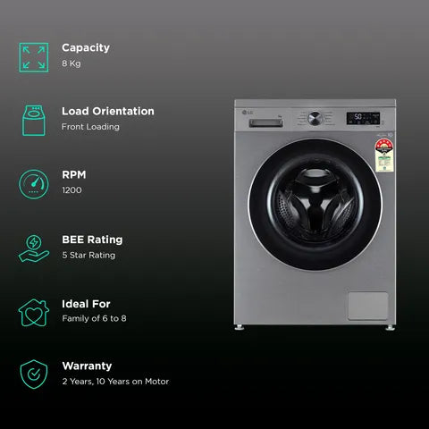 LG 8 kg Fully Automatic Front Load Washing Machine (FHB1208Z4P.APSQEIL, Platinum Silver)