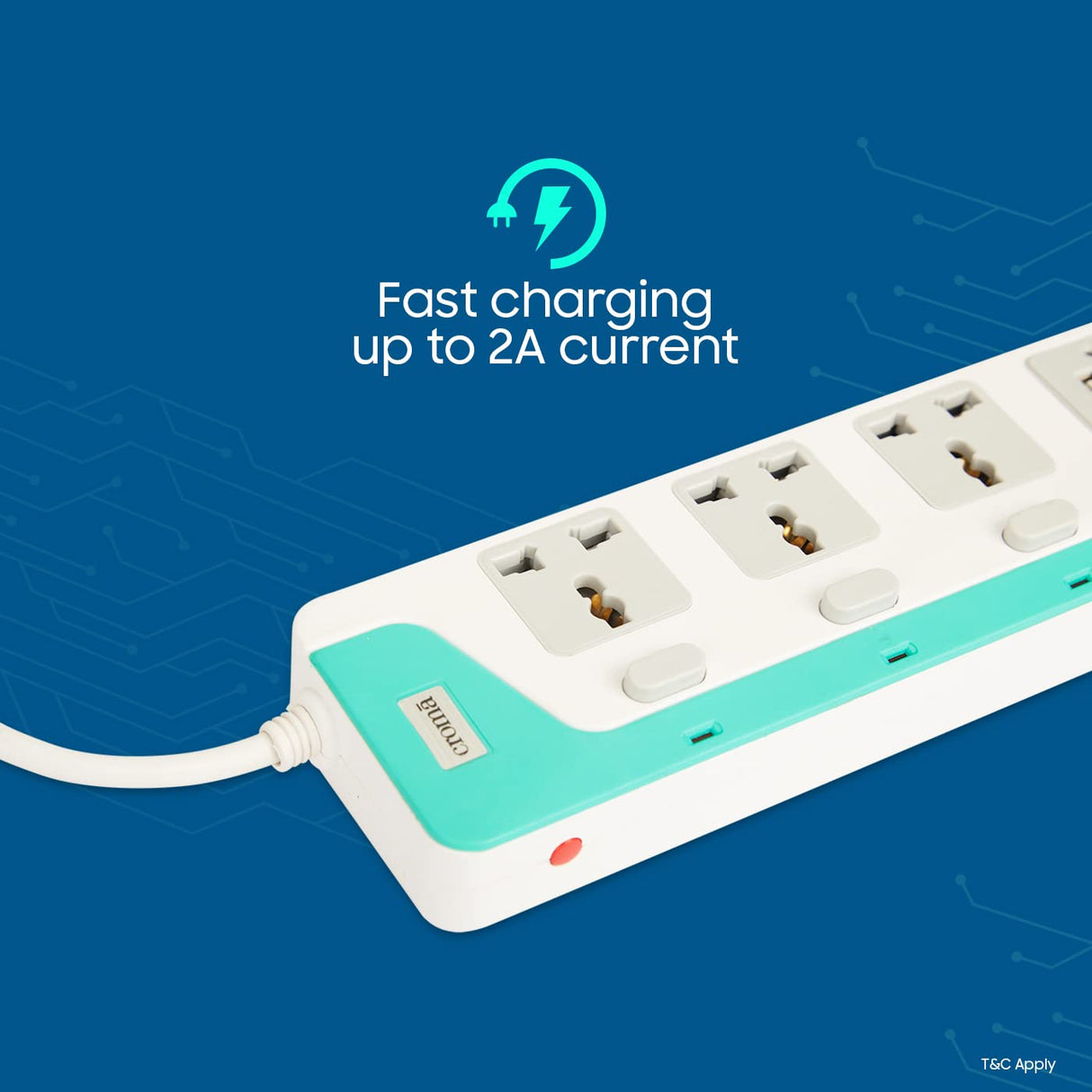 Croma 4 Way Extension Board Surge Protector with 2 USB Charging Ports and 4 Universal Socket - 10 Amp 3meter Heavy Duty Wire (CRCP1001, White and Blue)