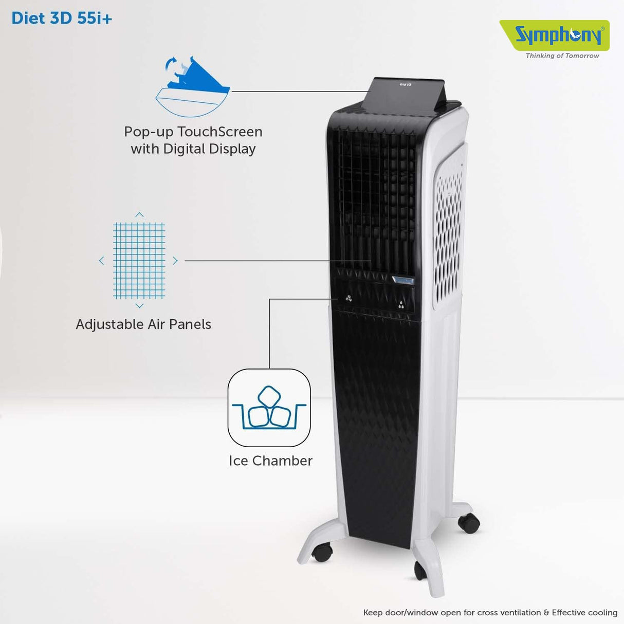 Symphony Diet 3D 55i+ Portable Tower Air Cooler For Home with 3-Side Honeycomb Pads, Magnetic Remote, i-Pure Technology and Automatic Pop-Up Touchscreen