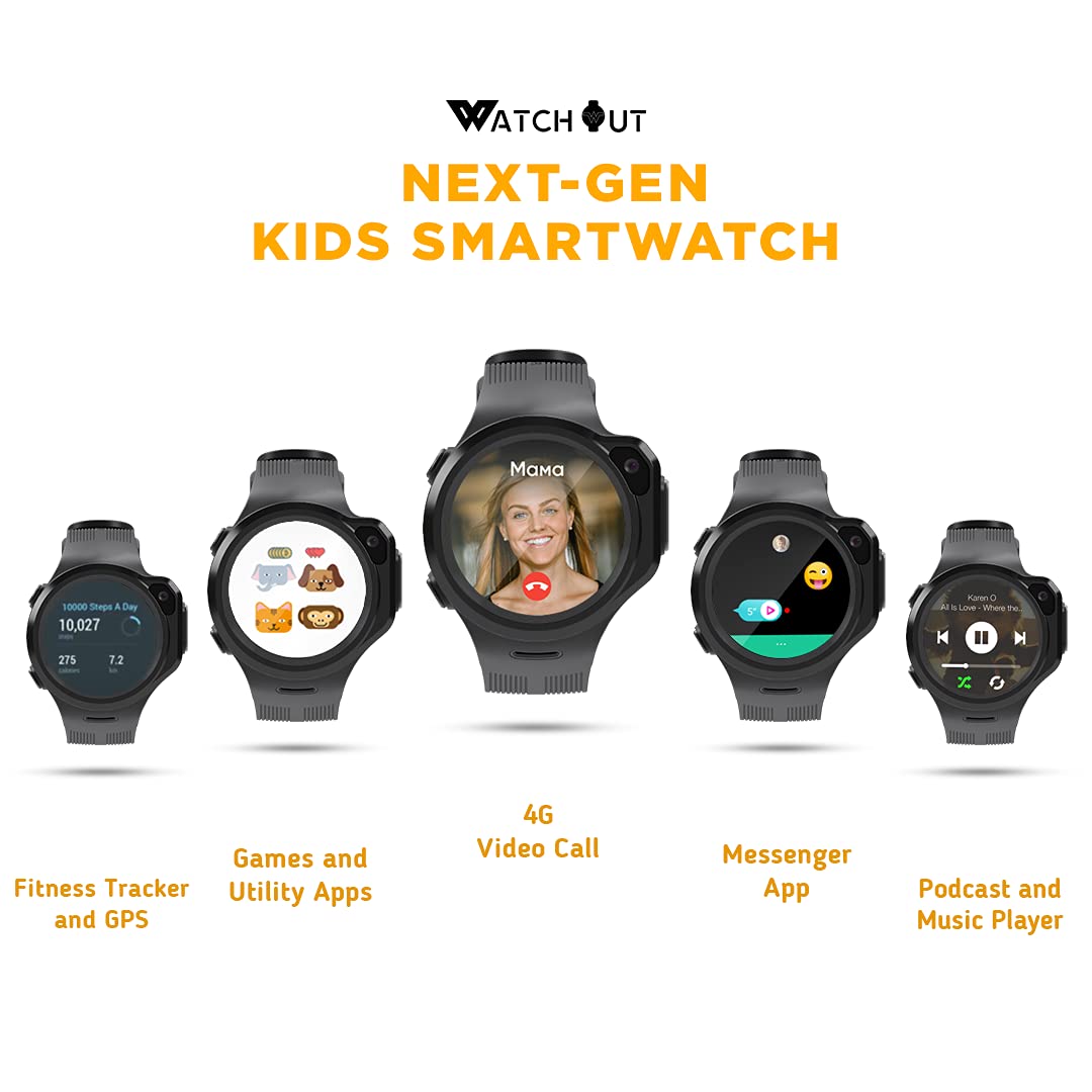 WatchOut Wearables Next-Gen Kids Smartwatch with 4G Video Call, Music, Games, Anti-Theft and Parental Control (Space Grey), Fits All