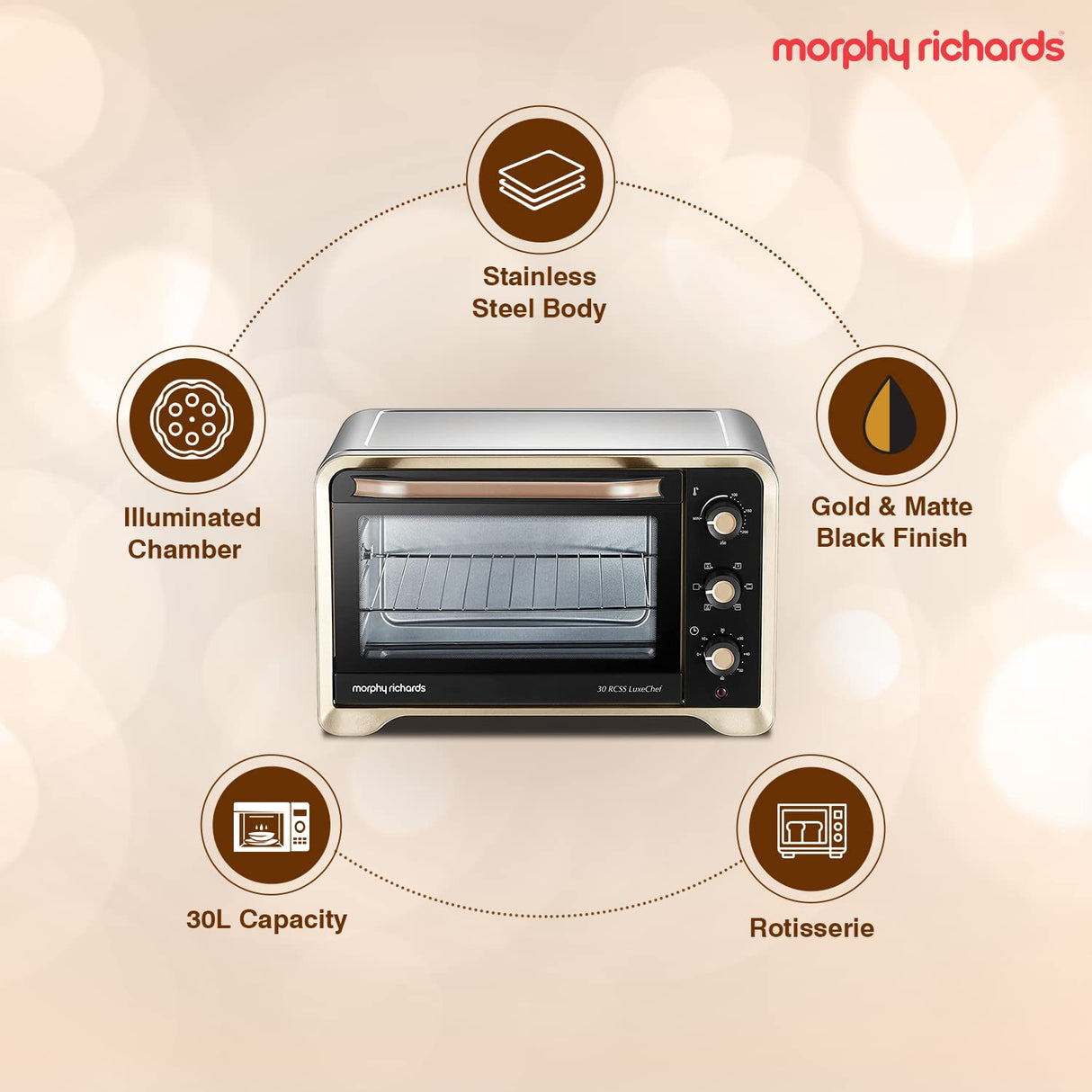 Morphy Richards 30Rcss Otg Oven For Kitchen|30 Litre Oven Toaster Griller|Convection Fan&Rotisserie Function|Stainless Steel Oven|Temperature Control|2-Yr Warranty By Brand|Gold&Black,1600 Watts