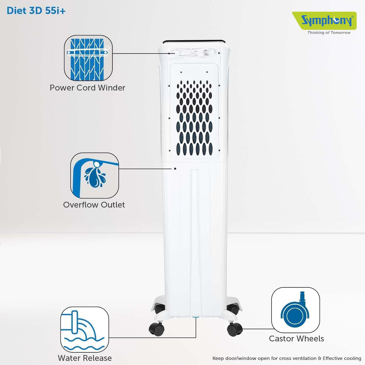 Symphony Diet 3D 55i+ Portable Tower Air Cooler For Home with 3-Side Honeycomb Pads, Magnetic Remote, i-Pure Technology and Automatic Pop-Up Touchscreen