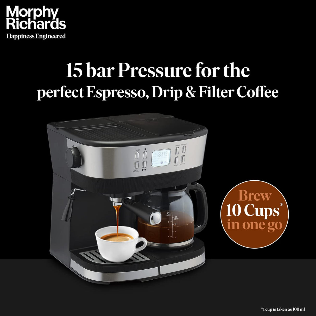 Morphy Richards DuoPresso 2-in-1 Coffee Maker|Drip & Espresso| 15 bar Pressure| Digital Display|Removable Drip Tray| Upto 10 cups* of Coffee| Keep Warm Tray