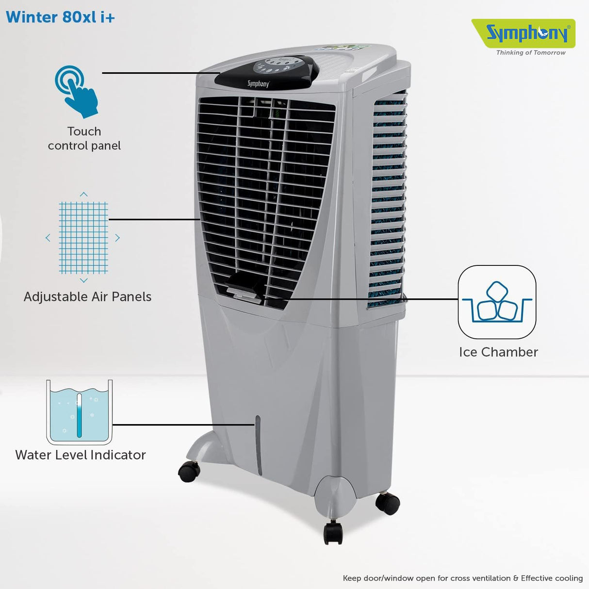 Symphony Winter 80 XL i+ Powerful Desert Air Cooler 80-litres with Remote, +Air Fan, 4-Side Honeycomb Pads, Whisper-Quiet Performance (Grey)