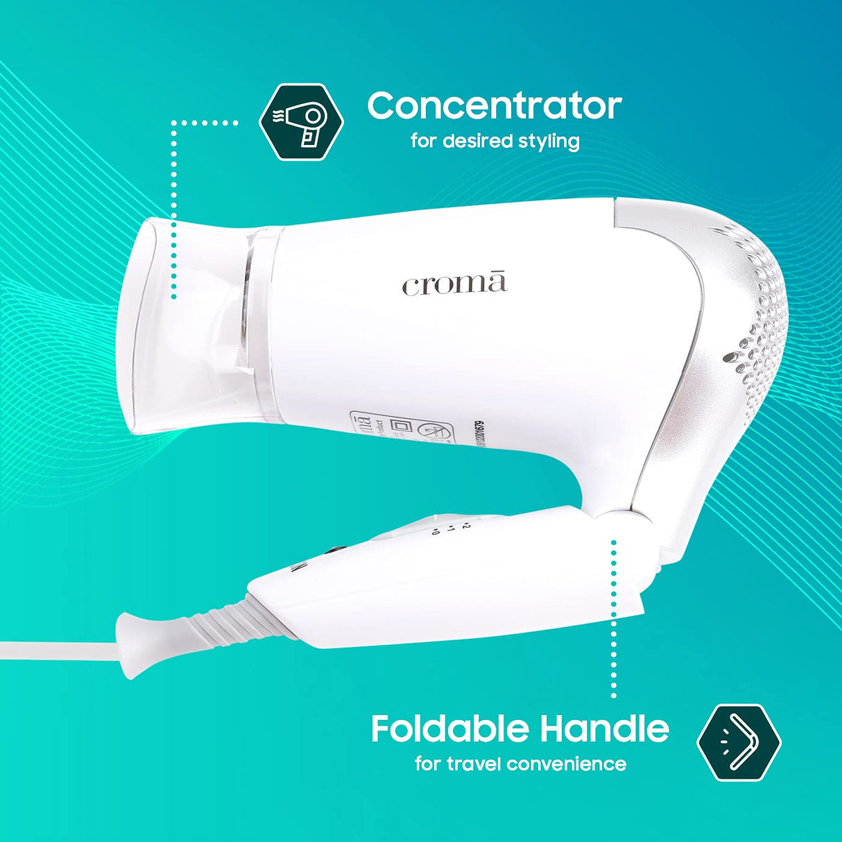 Croma 1200W Dual Voltage, Foldable Hair Dryer with 2 speed Settings (CRAH4056, Grey & White)