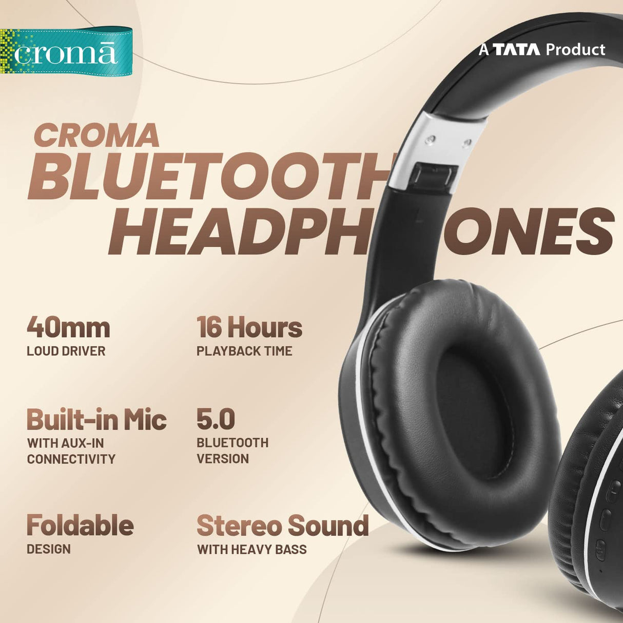 Croma Bluetooth Headphone with Mic (CREEH1904sHPA4, Black)