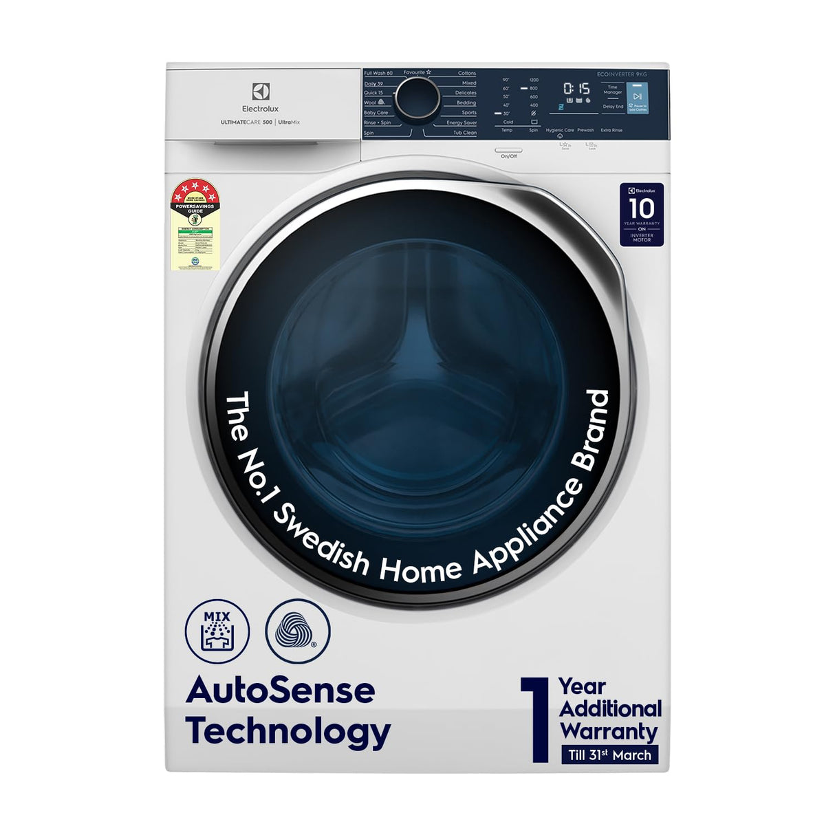 Electrolux 9kg 5 Star Fully Automatic Front Load Washing Machine with UltraMix, Full Load Vapour Wash for Sustainable Clothing, Hygienic Care, EcoInverter, White, UltimateCare 500, EWF9024R5WB