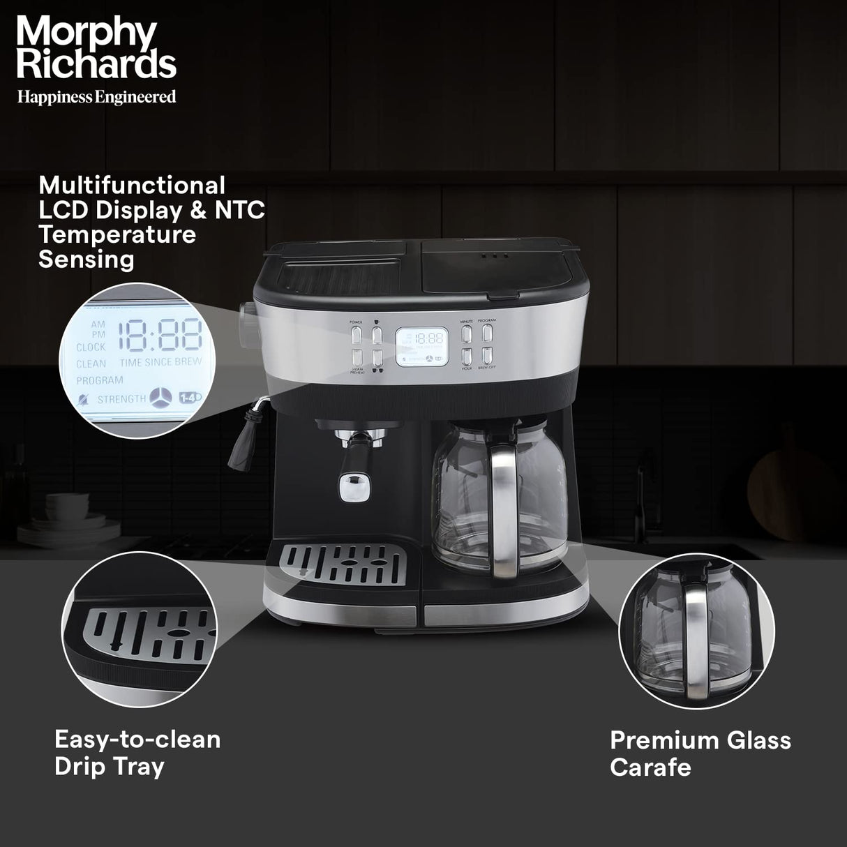 Morphy Richards DuoPresso 2-in-1 Coffee Maker|Drip & Espresso| 15 bar Pressure| Digital Display|Removable Drip Tray| Upto 10 cups* of Coffee| Keep Warm Tray