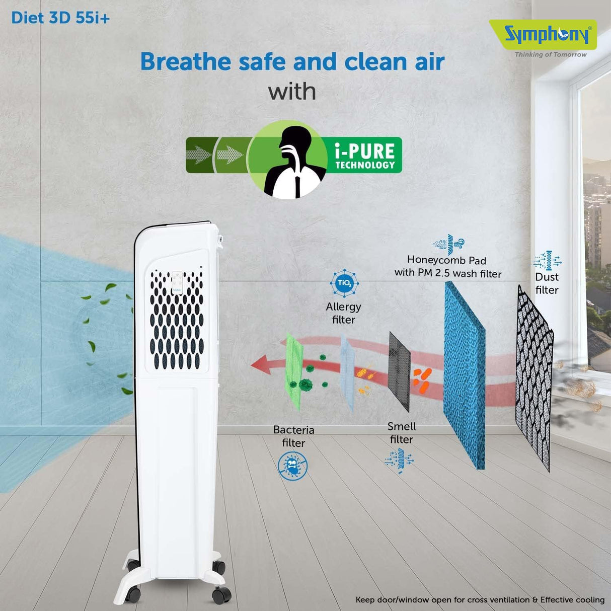 Symphony Diet 3D 55i+ Portable Tower Air Cooler For Home with 3-Side Honeycomb Pads, Magnetic Remote, i-Pure Technology and Automatic Pop-Up Touchscreen