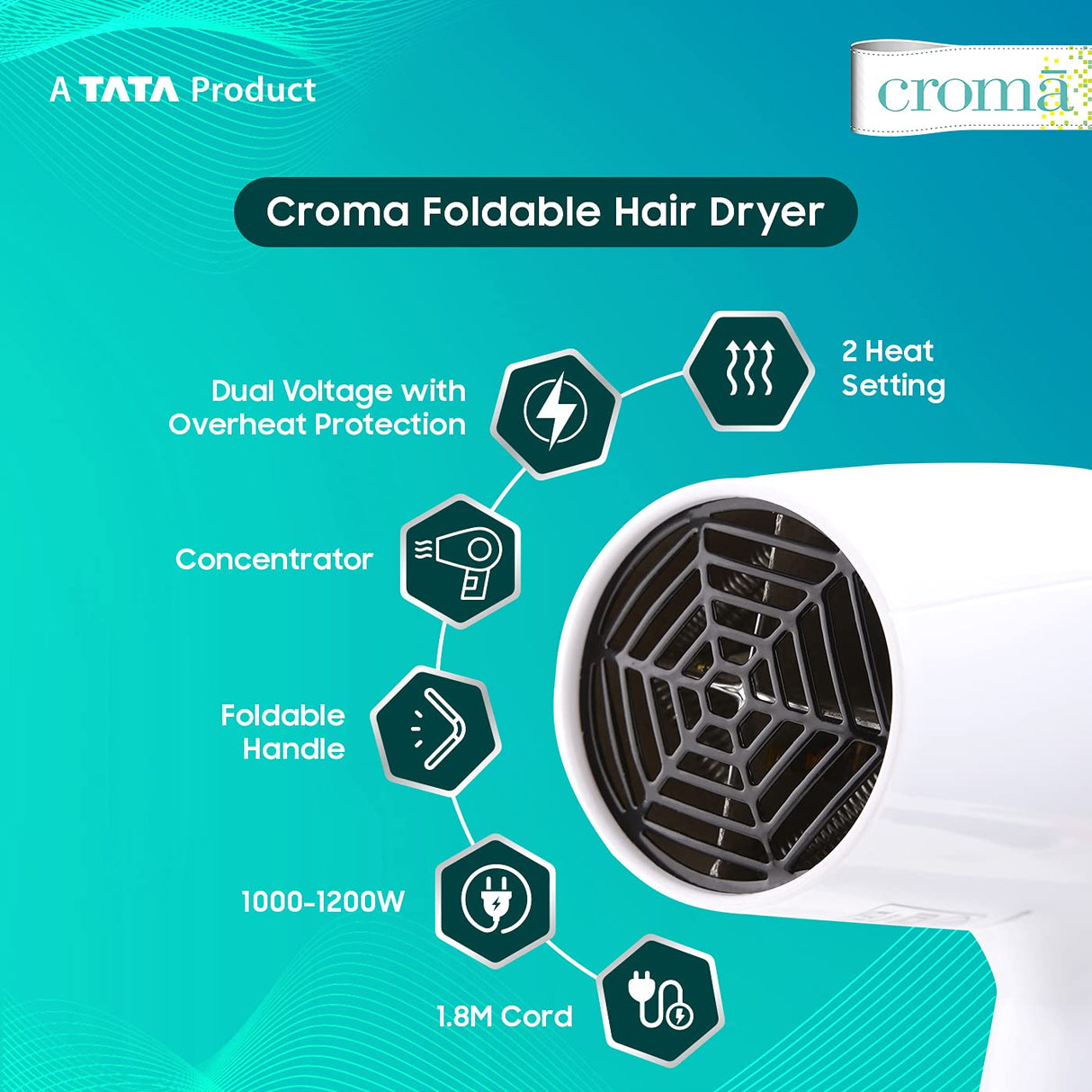 Croma 1200W Dual Voltage, Foldable Hair Dryer with 2 speed Settings (CRAH4056, Grey & White)