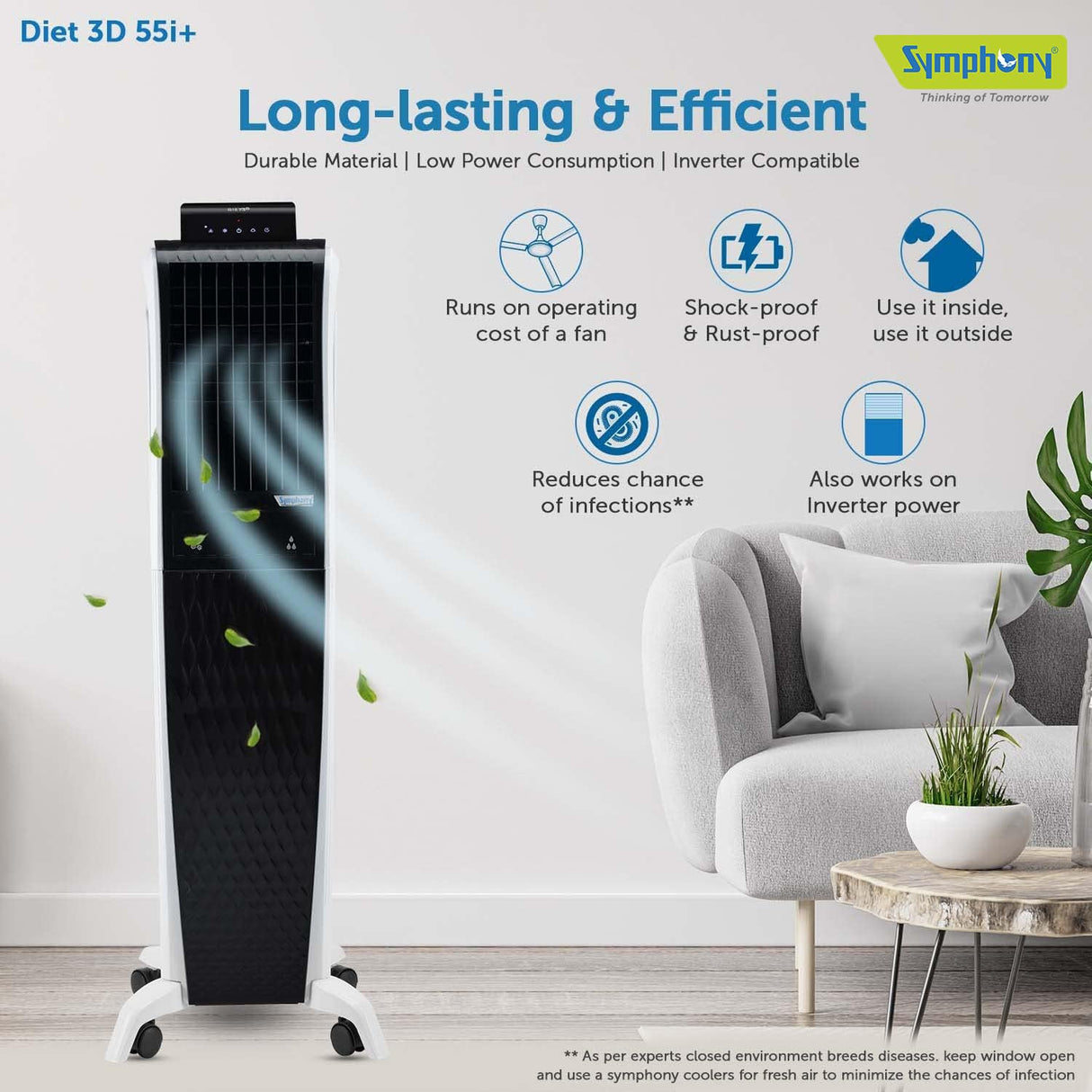 Symphony Diet 3D 55i+ Portable Tower Air Cooler For Home with 3-Side Honeycomb Pads, Magnetic Remote, i-Pure Technology and Automatic Pop-Up Touchscreen