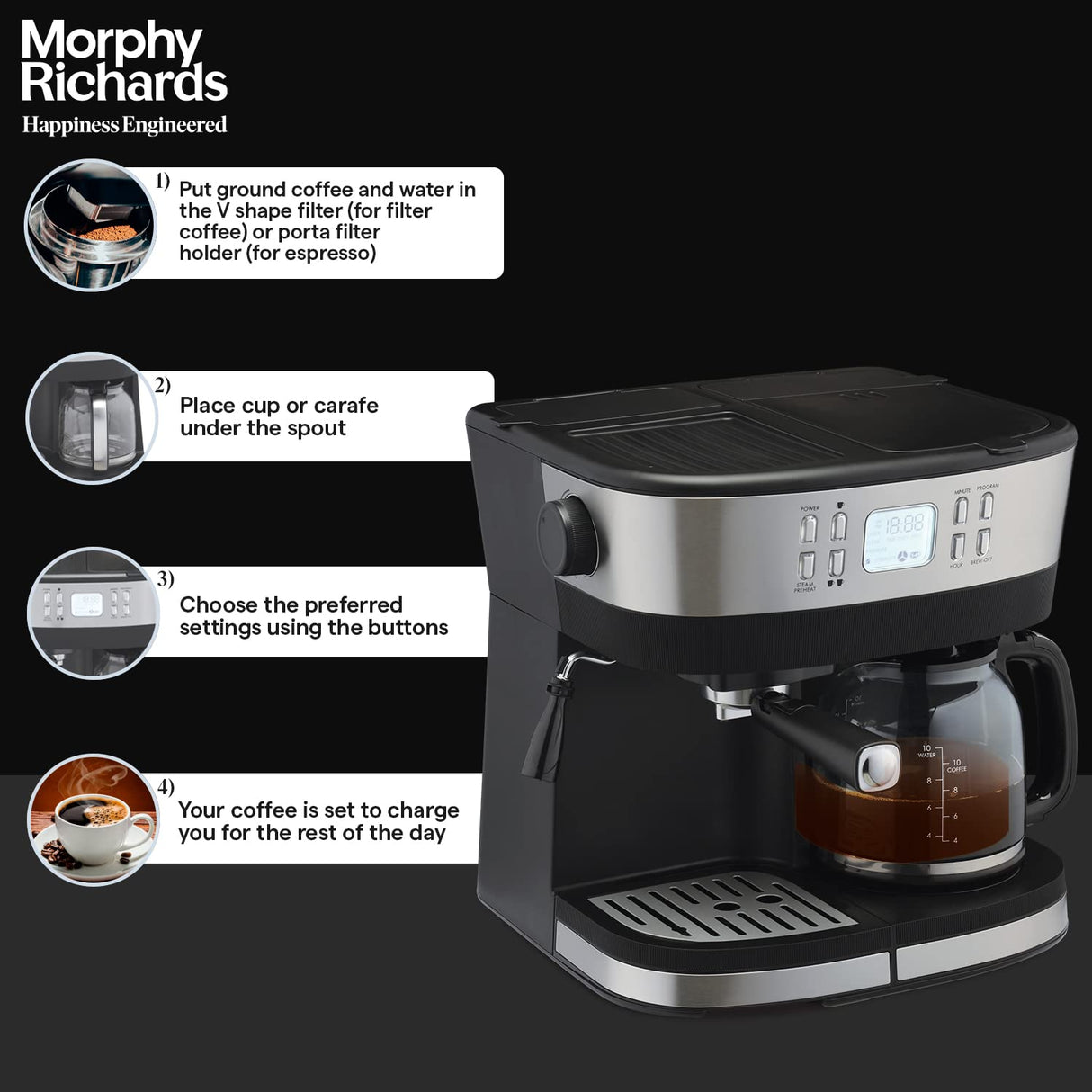 Morphy Richards DuoPresso 2-in-1 Coffee Maker|Drip & Espresso| 15 bar Pressure| Digital Display|Removable Drip Tray| Upto 10 cups* of Coffee| Keep Warm Tray