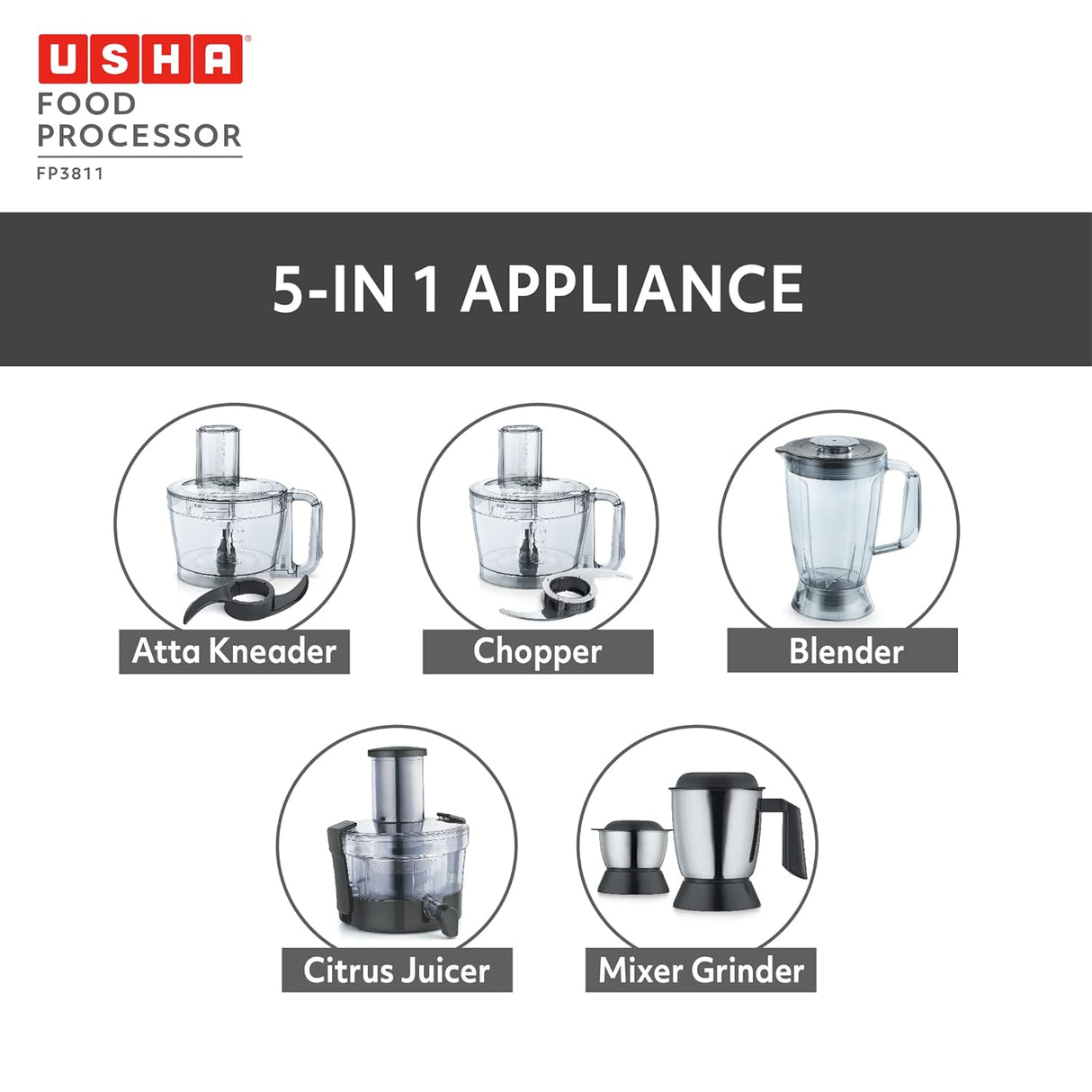 Usha FP 3811 Food Processor 1000 Watts Copper Motor with 13 Accessories(Premium SS Finish), Black and Steel