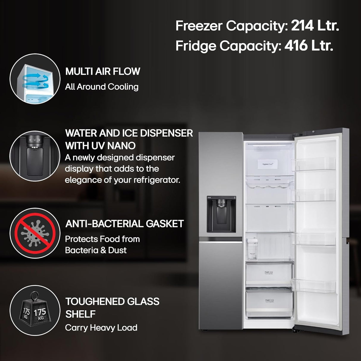 LG 630 Litres 3 Star Frost Free Side by Side Door Smart Wifi Enabled Refrigerator with Multi Air Flow (GL-L257CPZ3, Shiny Steel)