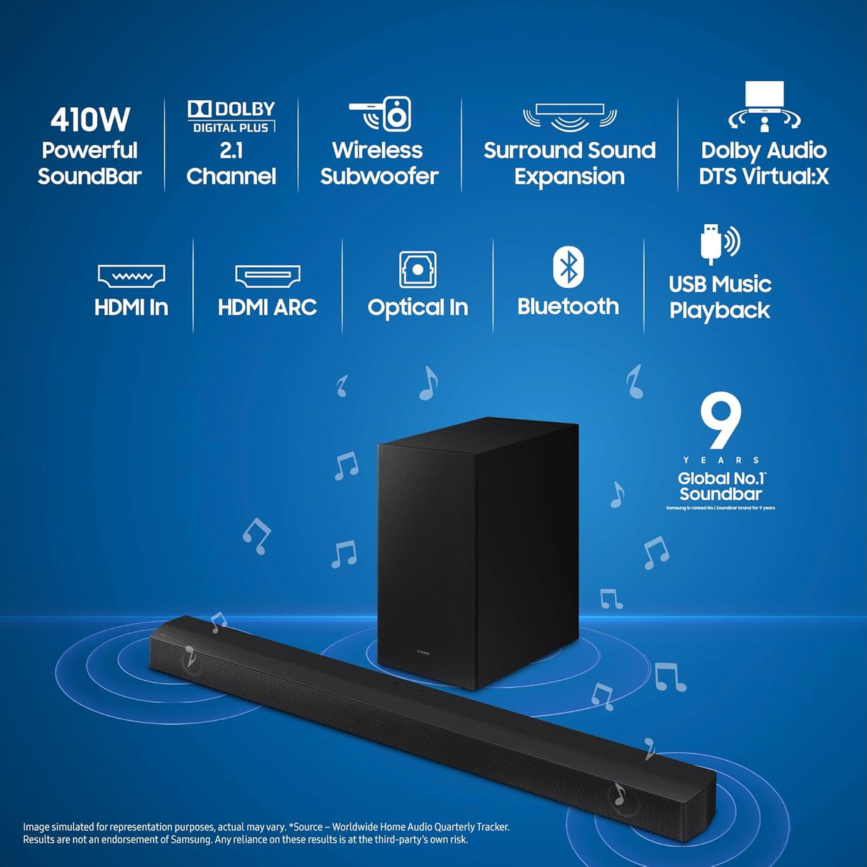 Samsung 410W 2.1ch B550 Soundbar with Wireless Subwoofer and Dolby Audio (HW-B550/XL, Egyptian Black)