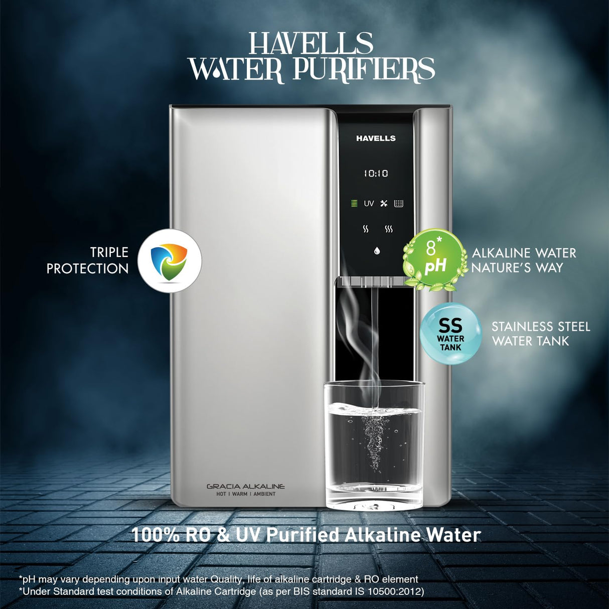 Havells Gracia Alkaline Water Purifier (Silver & Black), RO+UV+Alkaline, Hot, Warm & Ambient Water, Copper+Zinc, 8 Stage Purification, 7.5L SS Tank, Suitable for Borwell, Tanker & Municipal Water