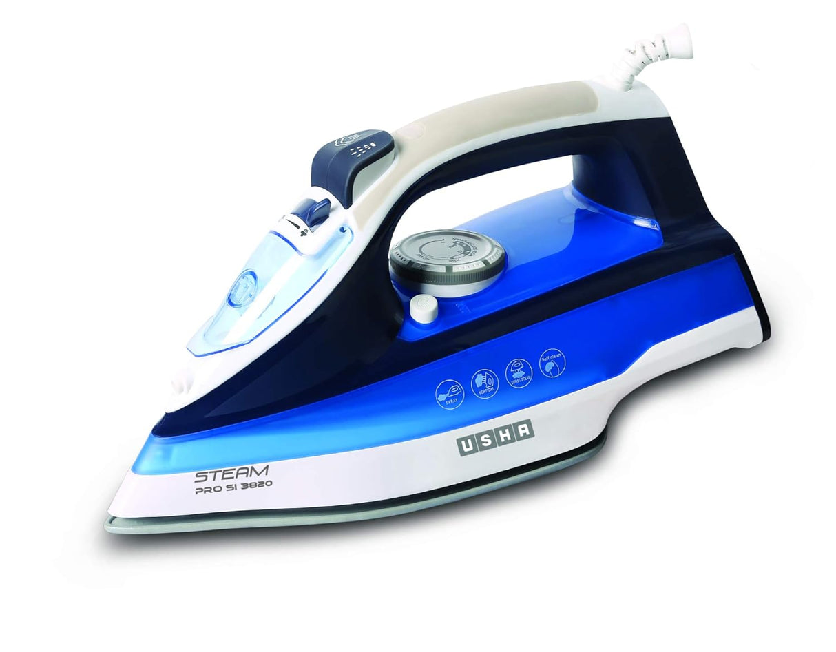 USHA Steam Pro Si 3820 Steam Iron 2000 Watts With Easy-Glide Durable Ceramic Soleplate, Powerful Steam Output From 73 Steam Vents, 280 Ml Water Tank (Blue)