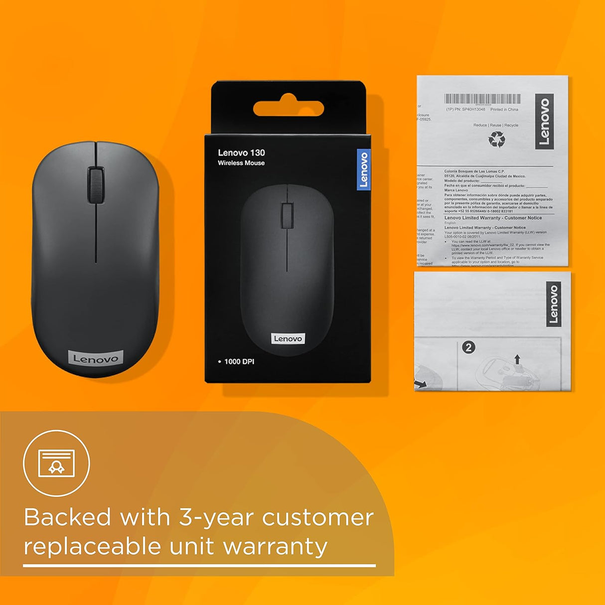 Lenovo 130 Wireless Compact Mouse, 1K DPI Optical sensor, 2.4GHz Wireless NanoUSB, 10m range, 3button(left,right,scroll) upto 3M left/right clicks, 10 month battery, Ambidextrous, Ergonomic