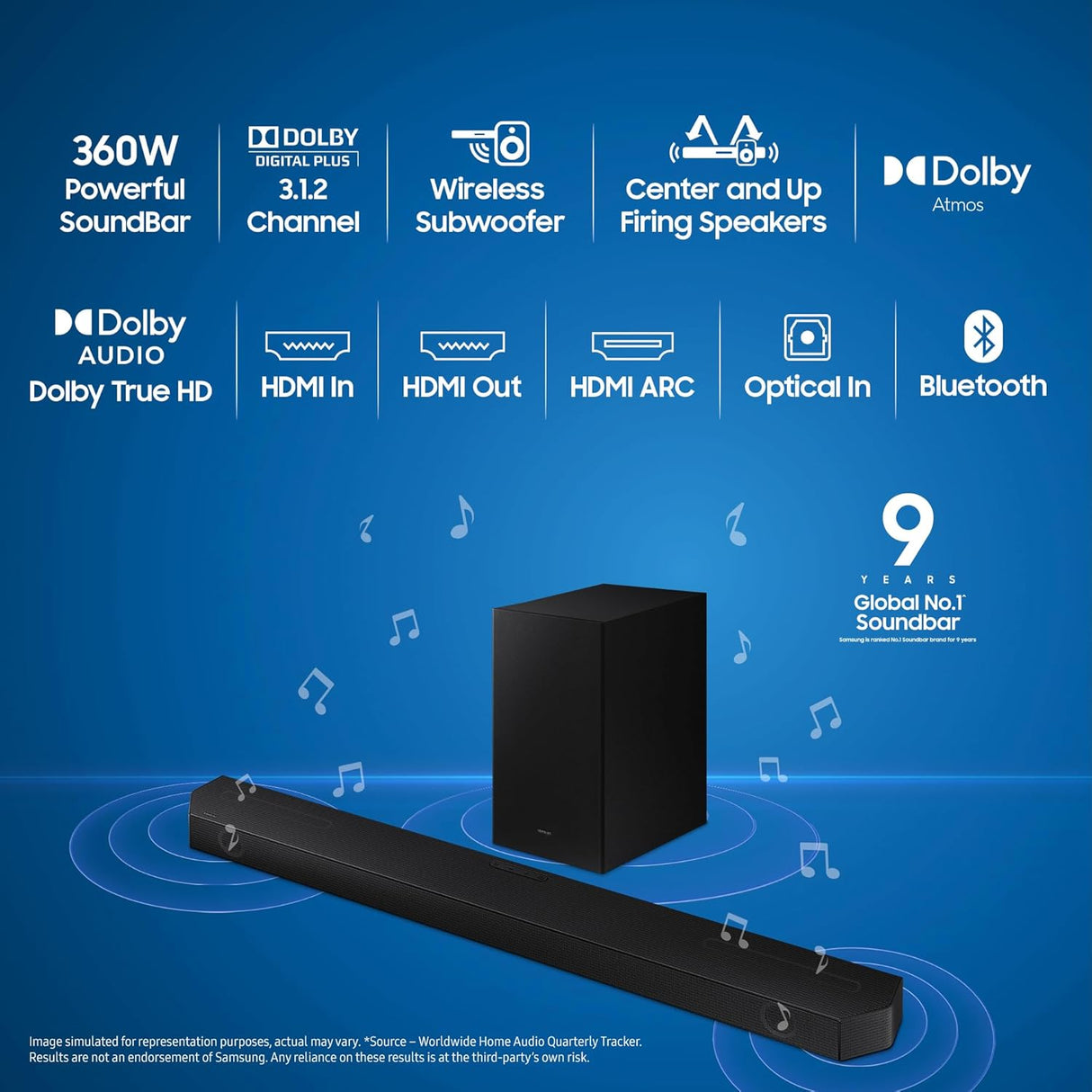 Samsung Q-Symphony Soundbar (HW-Q600C/XL), USB, Bluetooth with 3.1.2 Channel, Wireless Subwoofer, and 2 Up-Firing Speakers, Dolby Atmos Music (Black)